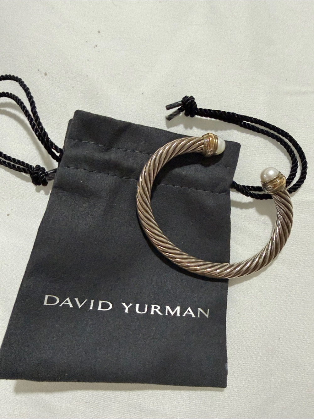 David Yurman Silver Cable Cuff Bracelet with Gold Accents and Pearl Terminals